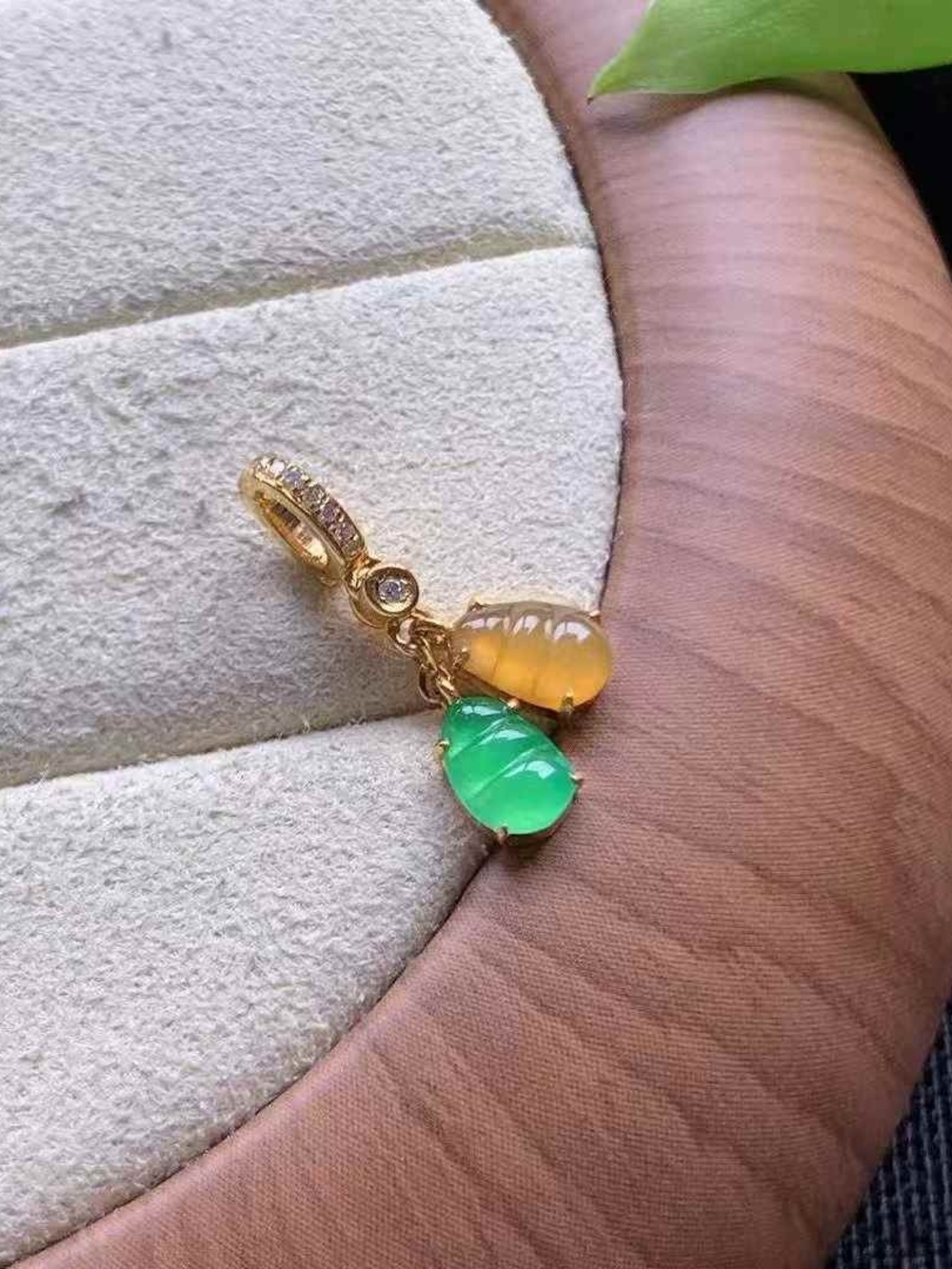 18k Gold Bail, Drop Pedant Charm with Green and Amber Teardrops